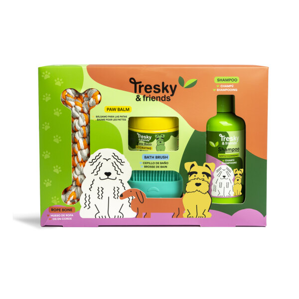 Tresky & Friends Hunde Wellness Set 4 teilig, Shampoo, Pfotenbalsam, Badebürste und Seilknochen