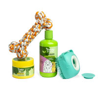 Tresky & Friends Hunde Wellness Set 4 teilig, Shampoo, Pfotenbalsam, Badebürste und Seilknochen