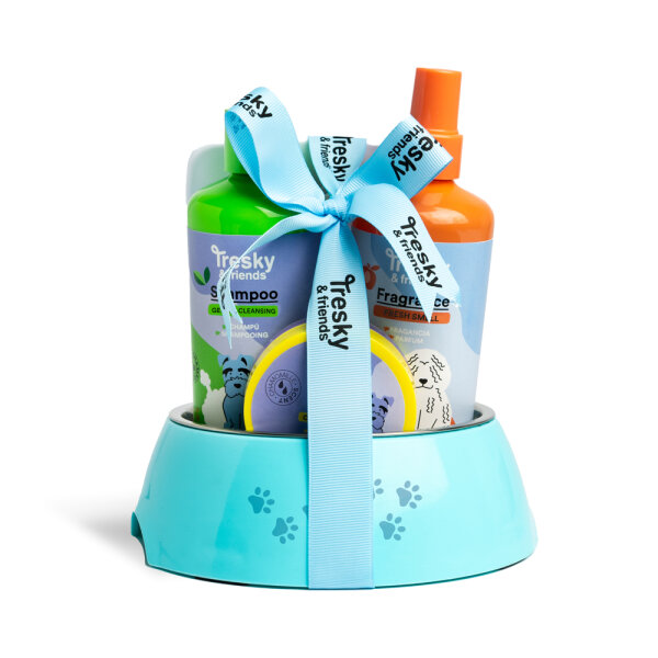 Tresky & Friends Hunde Wellness Set 5 teilig, Shampoo, Parfüm, Pfotenbalsam, Bürste und Fressnapf