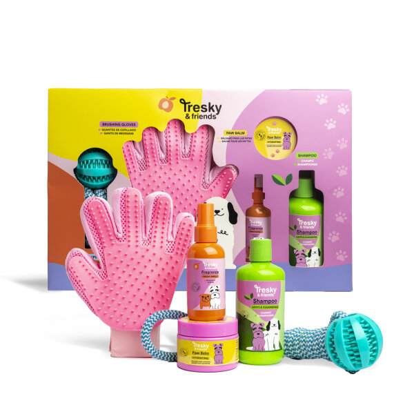 Tresky & Friends Hunde Wellness Geschenkset 5 teilig, Shampoo, Parfüm, Pfotenbalsam, Bürstenhandschuh und Seilspielzeug