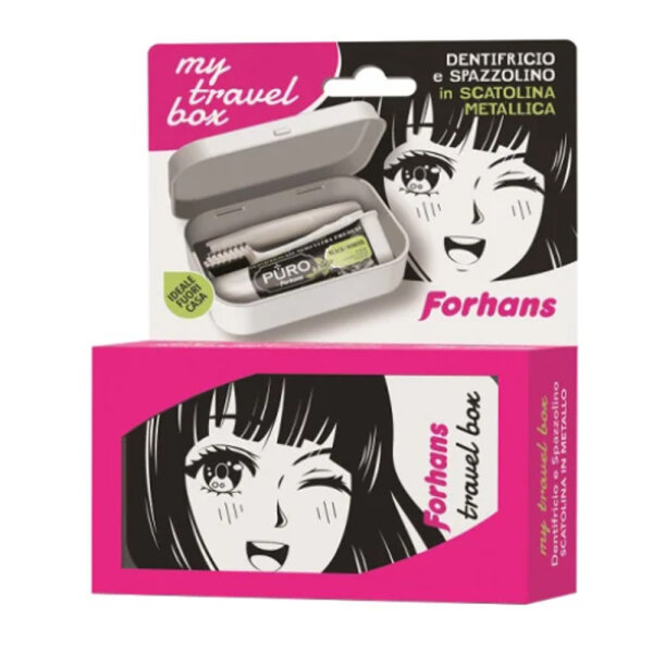 Forhans PURO MANGA Edition Reiseset Mädchen- Reisezahnbürste, Black4White Zahnpasta und Metallbox
