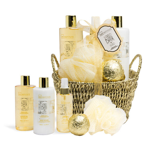 IDC Scented Bath Set 5 teilig  - Duschgel 300ml ,Bodylotion 300ml ,Körperspray 150ml , Badebombe und Dusch/badeschwamm im Korb  Duftnote Vamille & Sandelholz