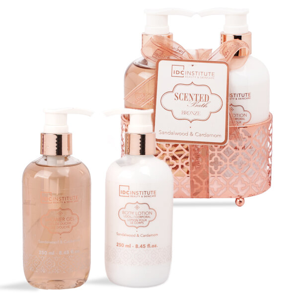 IDC Scented Bath Bronze Korb  Dusch Duo 2 teilig - Shower gel 250 ml , Bodylotion 250ml Duftnote Sandelholz & Kardamom