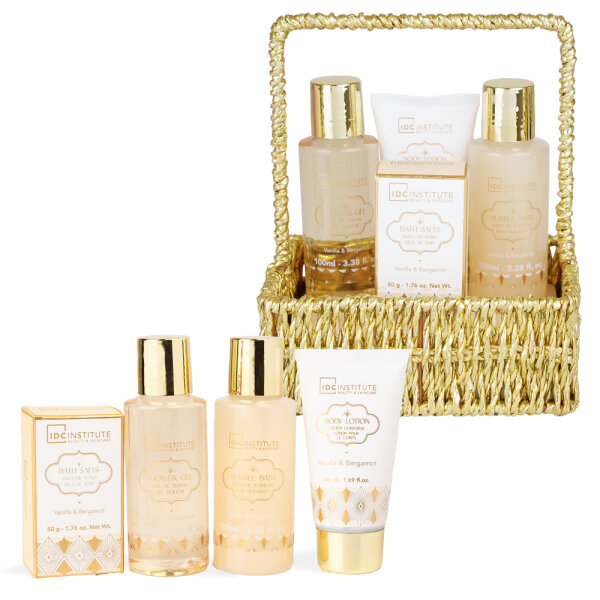 IDC Scented Bath im Korb Set 4 teilig  -Dusch Gel 100ml Schaumbad 100ml Bodylotion 50ml, Badesalz 50ml Duftnote Vanille und Bergamotte