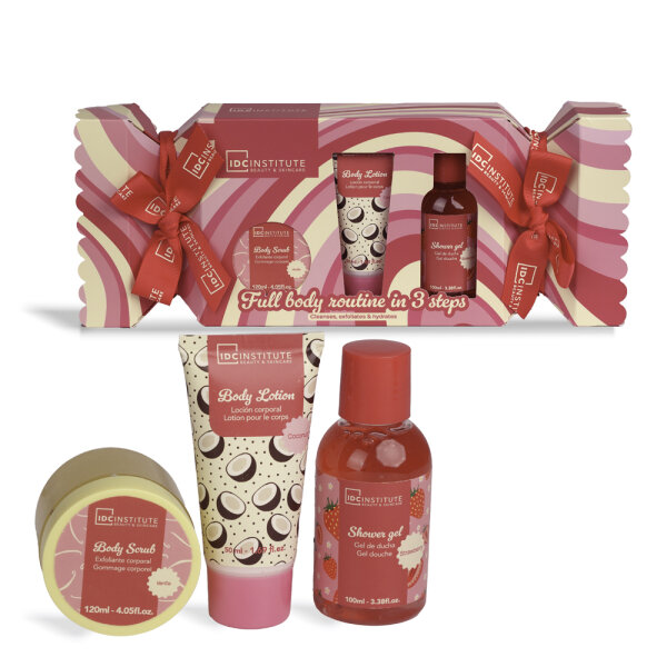 IDC Sweet Swirls Candy Care 3 teilig  - Dusch Gel Erdberrduft  100ml, Bodylotion Kokosnussduft 50ml - Körper Peeling 120ml Duft Vanille