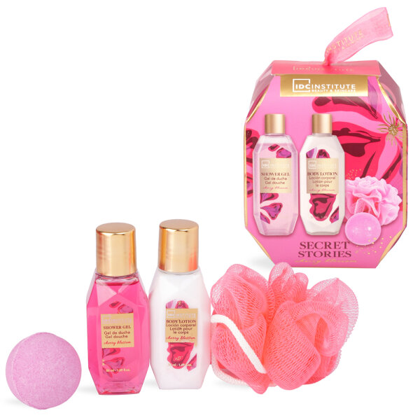 IDC Secret Set 4 teilig  - Duschgel 50ml + Bodylotion 50ml Badebombe + Dusch/Badeschwamm Duftnote Cherry Blossom