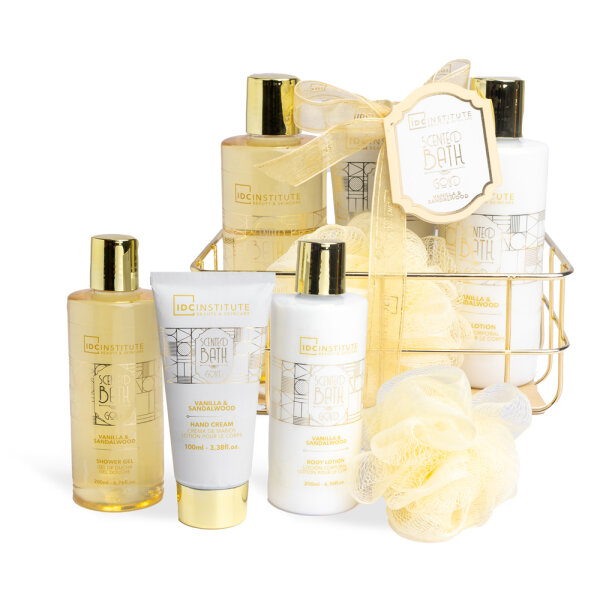 IDC Scented Bath im Korb Set 4 teilig  -Dusch Gel 200ml Bodylotion 200ml, Badesalz ,Handcreme 100ml Dusch/Badeschwamm im Korb Duftnote Vanille und Sandelholz